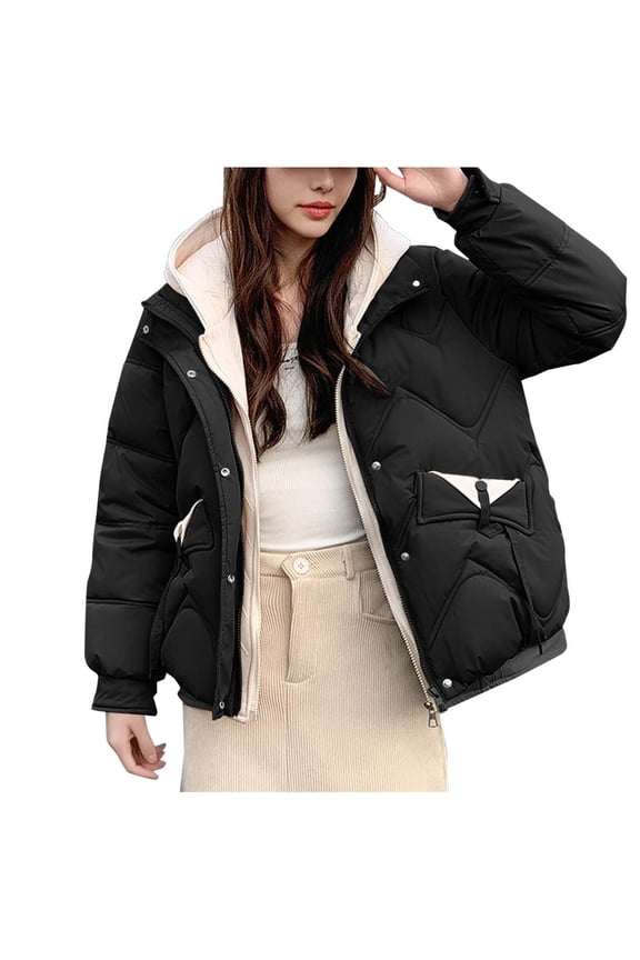Women’s Cropped Hooded Patchwork Puffer Jacket Stylish Design Warm for Casual Outings Daily Wear Cool Climates Black XXL