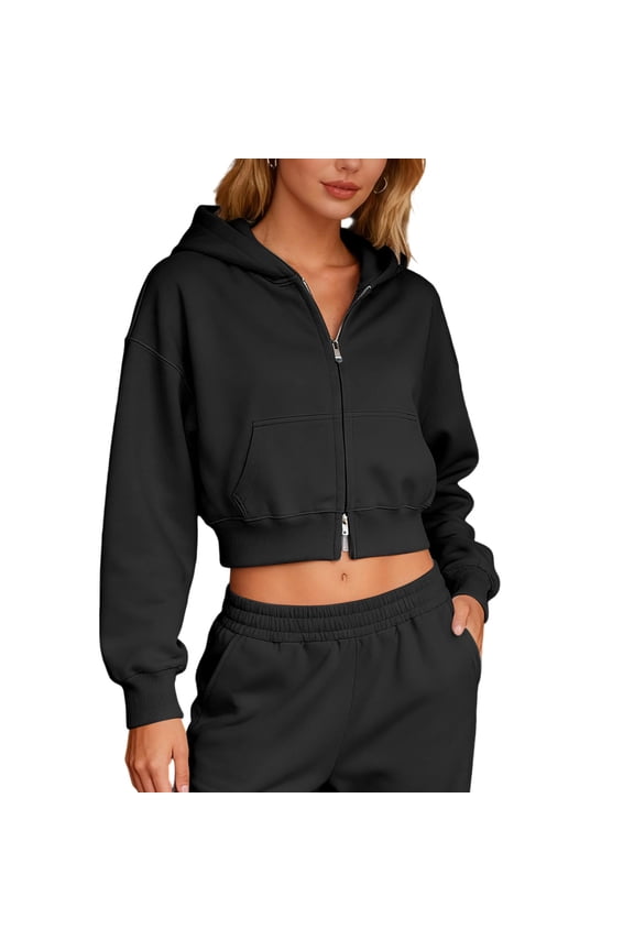 Women’s Cropped Puff Sleeve Hooded Jacket Matching Set Design Breathable for Casual Dates Weekend Outings Spring Autumn Black XXXL