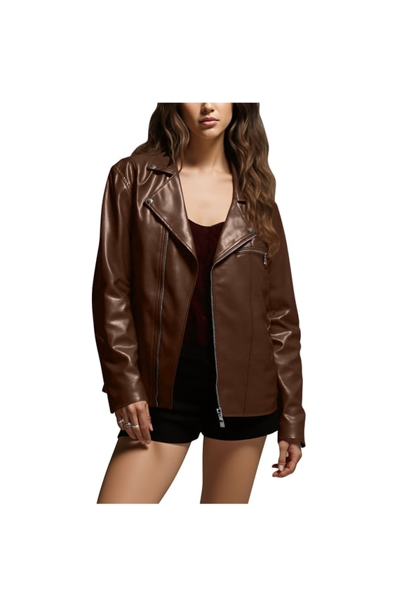 Women’s Cropped Zip Up Leather Jacket Structured Slim Design Stylish Durable for Night Outings Daily Wear All Seasons Brown S