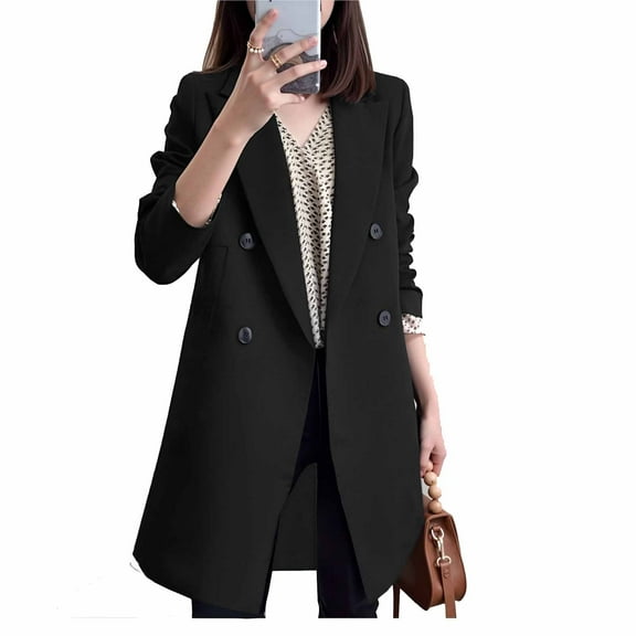 SAFUNY Women’s Double Breasted Blazer Suit Set Structured Lapel Detail Wrinkle Resistant for Business Meetings Formal Events All Seasons Black L