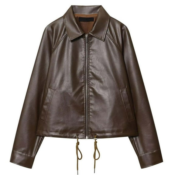 SAFUNY Women’s Drawstring Waist Cropped Leather Jacket Slim Design Durable Stylish for Night Outings Streetwear All Seasons Coffee L