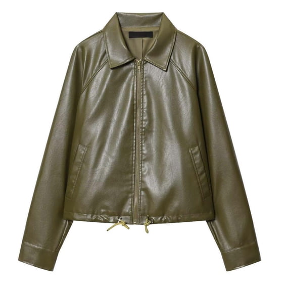 SAFUNY Women’s Drawstring Waist Cropped Leather Jacket Slim Design Durable Stylish for Night Outings Streetwear All Seasons Green XS