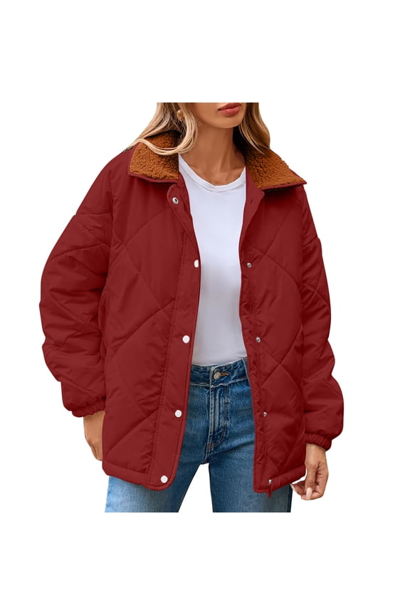 Women’s Faux Fur Collar Quilted Jacket Multi Pocket Detail Warm for Outdoor Trips Daily Errands Cold Weather Red M