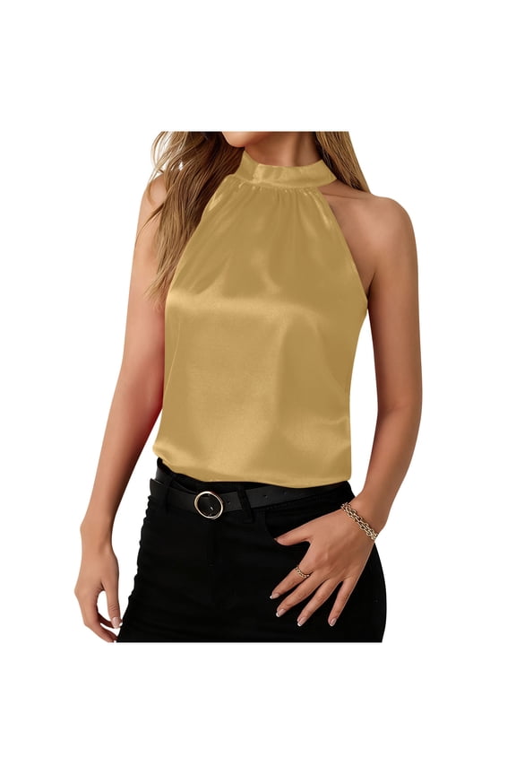 Women's Halter Neck Sleeveless Satin Top Elegant Tank Top for Evening Events Yellow XL