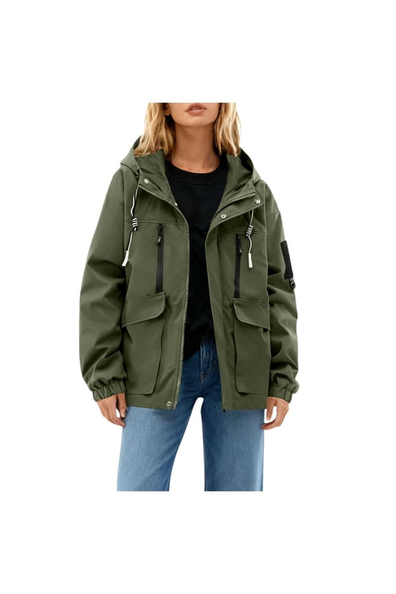 Women’s Hooded Multi Pocket Outdoor Jacket Loose Water Resistant for Hiking Camping Weekend Adventures Spring Autumn Army Green XXXL