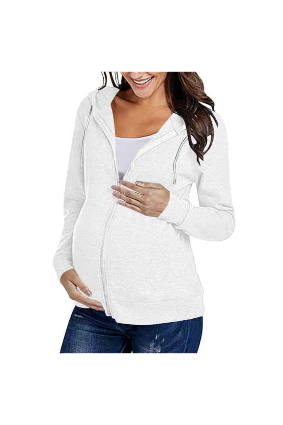 Women’s Hooded Zip Up Maternity Jacket Adjustable Design Soft Fabric Comfortable for Daily Commutes Loungewear White L