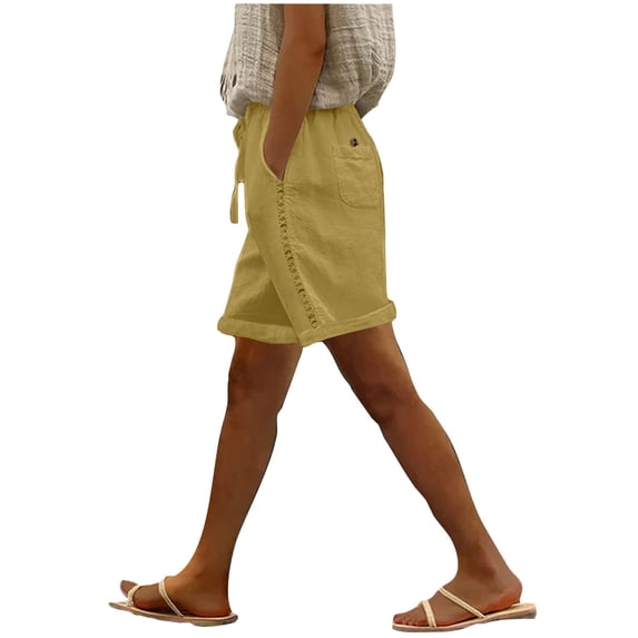SAFUNY Women's Linen Loose Shorts Drawstring Waist Cuffed Hem Beach Vacation Bottoms Yellow XXXXL