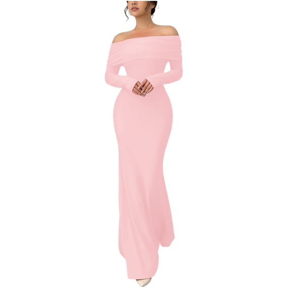 SAFUNY Women's Long Sleeve Floor-Length Dress Off-Shoulder Design Slim Fabric For Formal Occasions And Special Celebrations Pink L