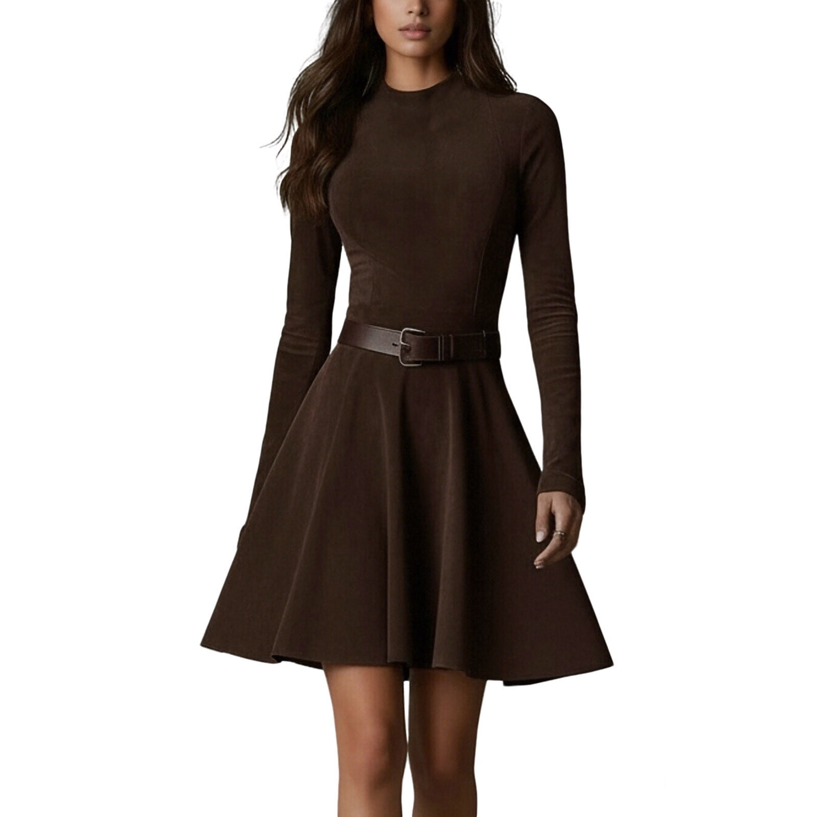 women's a line midi dress SAFUNY Long Sleeve Belted Waist Design A-Line Skirt Fabric For Office Outings And Urban Events Coffee XXL A surplice neckline creates 100-and-over KissProm Cami Strap A-Line Dress Size:16