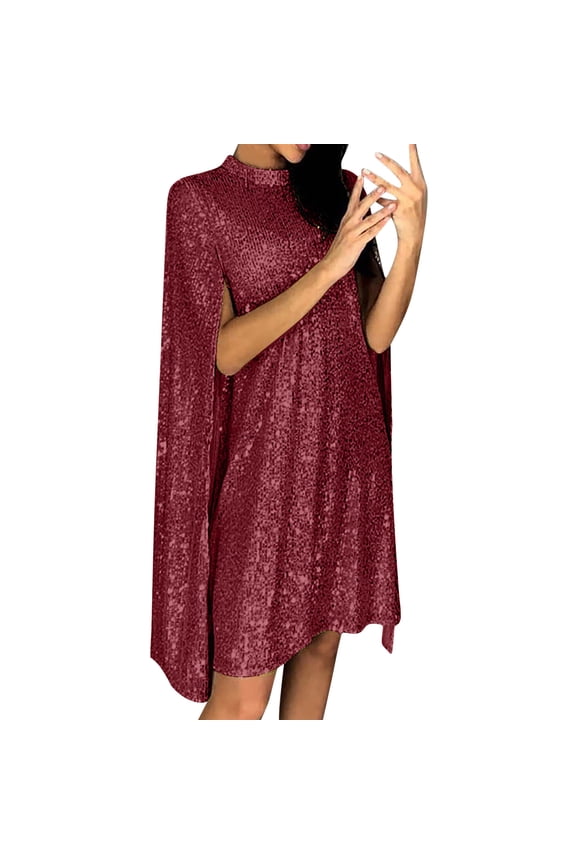 Women's Long Sleeve Mini Dress Cape Design Shiny Texture Fabric For Holiday Celebrations And Night Occasions Wine S