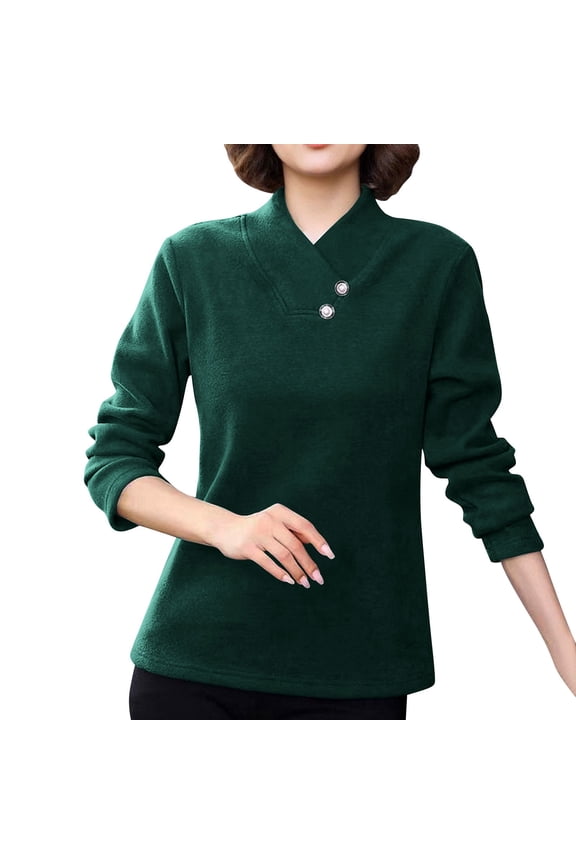 Women's Mandarin Collar Button Loose Knit Top for Casual Daily and Traditional Style Looks Green L