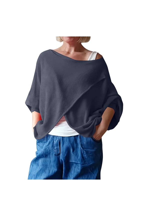Women's Off Shoulder Cross Wrap Loose Top with Draped Front for Weekend and Street Style Navy M