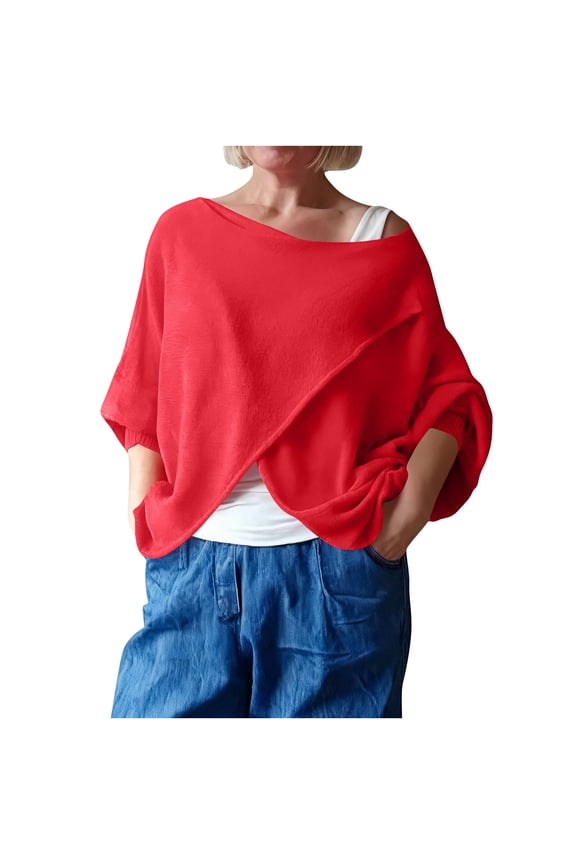 Women's Off Shoulder Cross Wrap Loose Top with Draped Front for Weekend and Street Style Red XXL