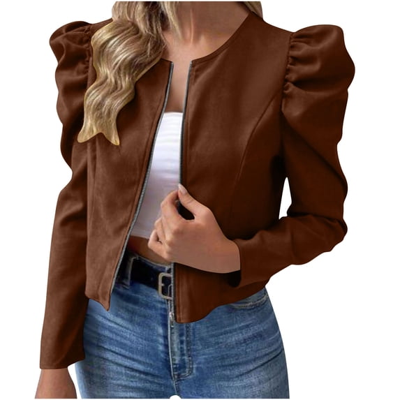 SAFUNY Women’s Puff Sleeve Cropped Blazer Structured Lapel Detail Elegant for Formal Events Night Outings Spring Autumn Brown S