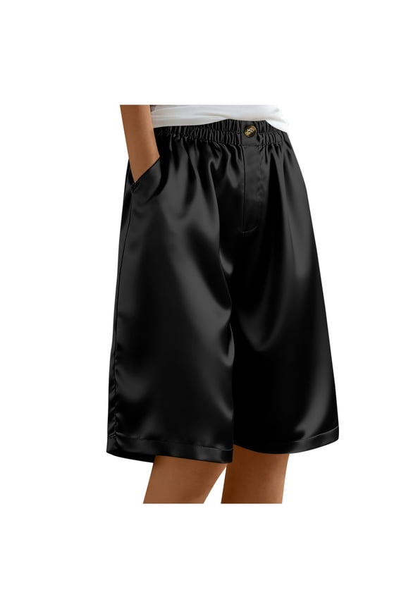Women's Shiny Drawstring Shorts Elastic Waist Pocketed Athletic Basketball Bottoms Black S