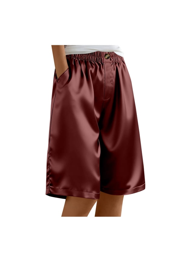 Women's Shiny Drawstring Shorts Elastic Waist Pocketed Athletic Basketball Bottoms Wine S