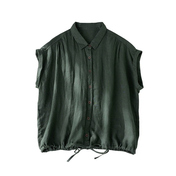 SAFUNY Women's Short Sleeve Collared Neck Drawstring Blouse Loose Lightweight Daily Casual Top Green XL