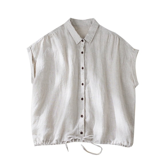SAFUNY Women's Short Sleeve Collared Neck Drawstring Blouse Loose Lightweight Daily Casual Top White XXL