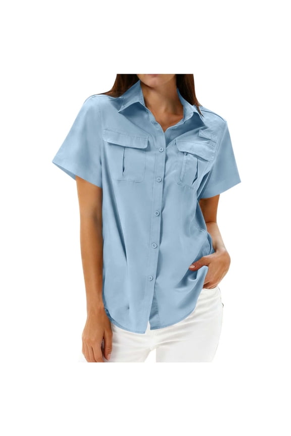 Women's Short Sleeve Collared Neck Ruffled Blouse Flowy Lightweight Summer Vacation Beach Casual Top Sky Blue XXL