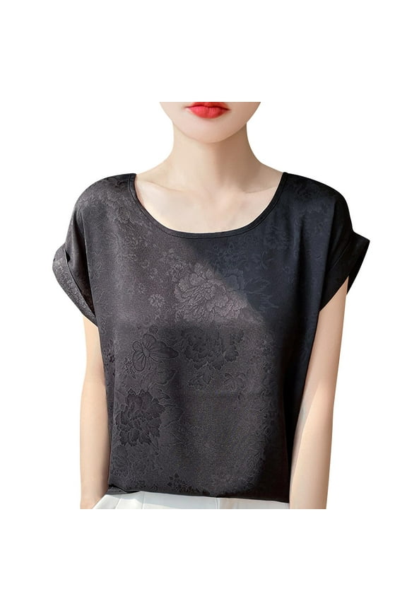 Women's Short Sleeve Crew Neck Cropped Blouse Relaxed Soft Trendy Weekend Casual Top Black XL