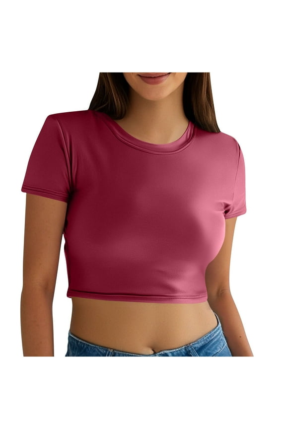 Women's Short Sleeve Crew Neck Cropped Blouse Ribbed Stretchy Trendy Weekend Casual Party Top Wine L