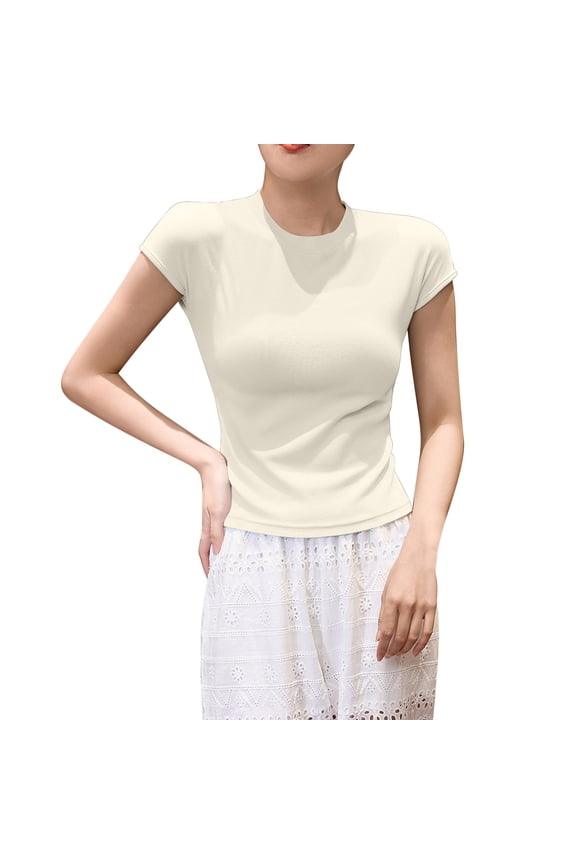 Women's Short Sleeve Crew Neck Ruched Waist Blouse Stretchy Comfortable Daily Casual Top White M