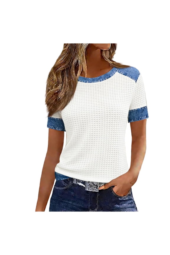 Women's Short Sleeve Ribbed Top Contrast Trim Crew Neck Pullover Soft Daily Casual Blouse White XXXL