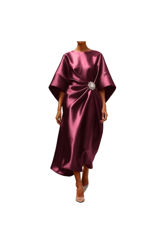 Women's Short Sleeve Satin Dress V Neck Pullover Flowy Elegant Wedding Guest Formal Dinner Dress Wine XXXL