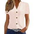 thumbnail image 1 of SAFUNY Women's Short Sleeve V Neck Button Front Blouse Stretchy Relaxed Summer Daily Casual Top PINK L, 1 of 4