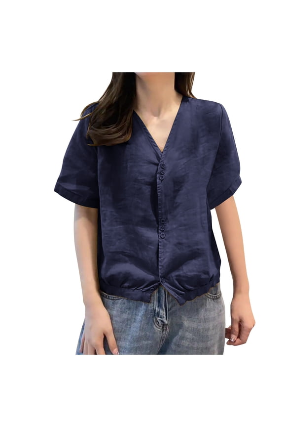 Women's Short Sleeve V Neck Button Front Blouse Textured Fabric Lightweight Summer Daily Top Navy M