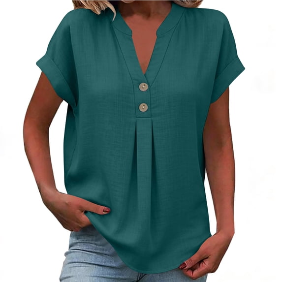 SAFUNY Women's Short Sleeve V Neck Button Placket Blouse Oversized Soft Daily Casual Top Army Green XL
