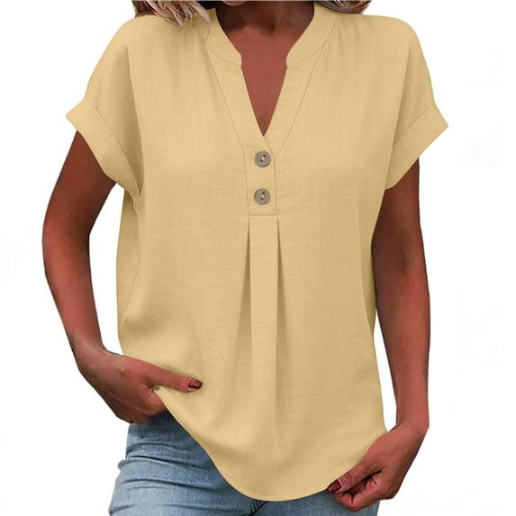 SAFUNY Women's Short Sleeve V Neck Button Placket Blouse Oversized Soft Daily Casual Top Beige M