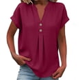 thumbnail image 1 of SAFUNY Women's Short Sleeve V Neck Button Placket Blouse Oversized Soft Daily Casual Top Wine XL, 1 of 6