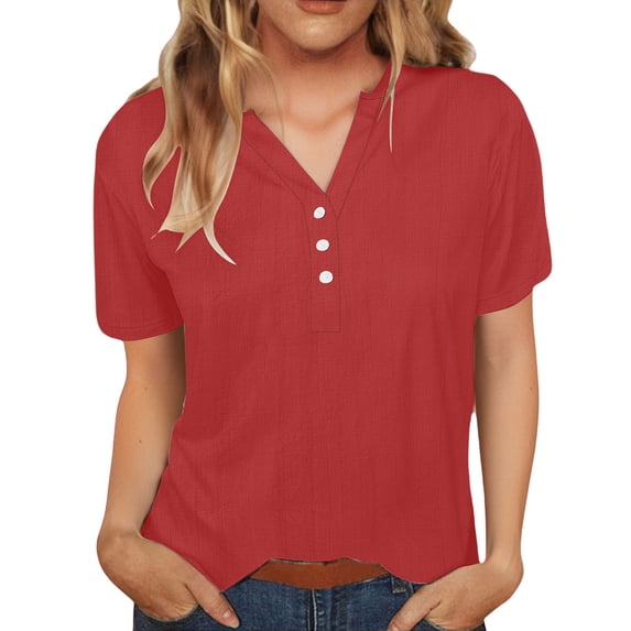 SAFUNY Women's Short Sleeve V Neck Button Placket Blouse Stretchy Comfortable Work Daily Casual Top Red XXL