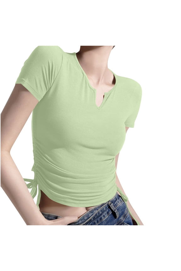 Women's Short Sleeve V Neck Cropped Blouse Stretchy Comfortable Daily Casual Streetwear Top Green XL