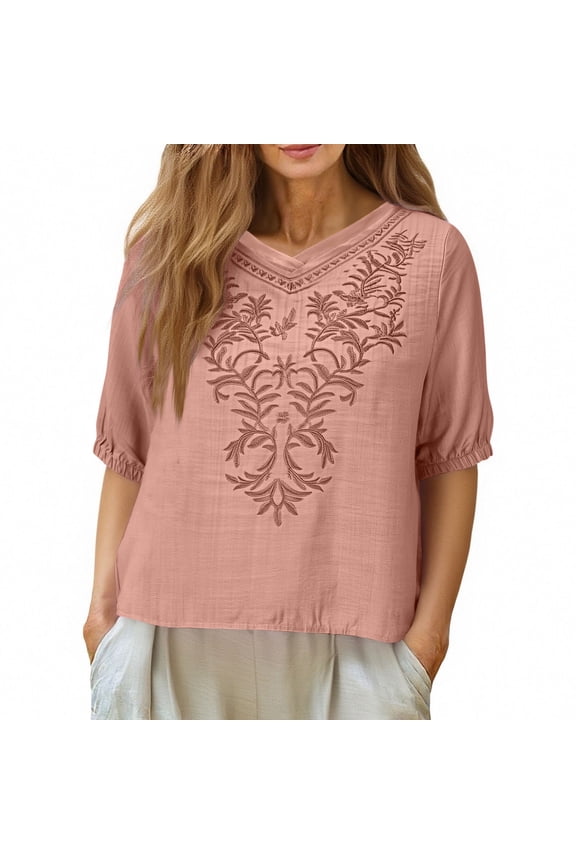 Women's Short Sleeve V Neck Embroidered Blouse Textured Fabric Trendy Weekend Daily Top Pink M
