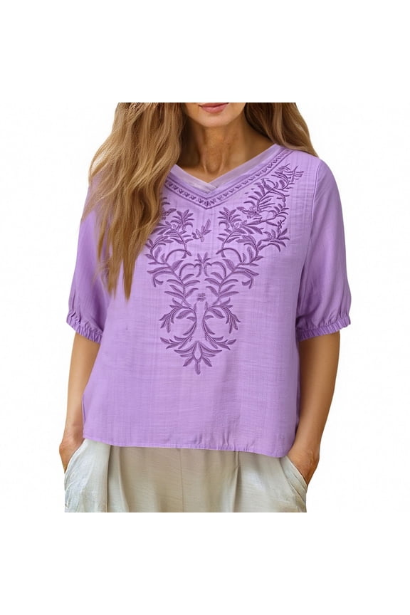 Women's Short Sleeve V Neck Embroidered Blouse Textured Fabric Trendy Weekend Daily Top Purple S
