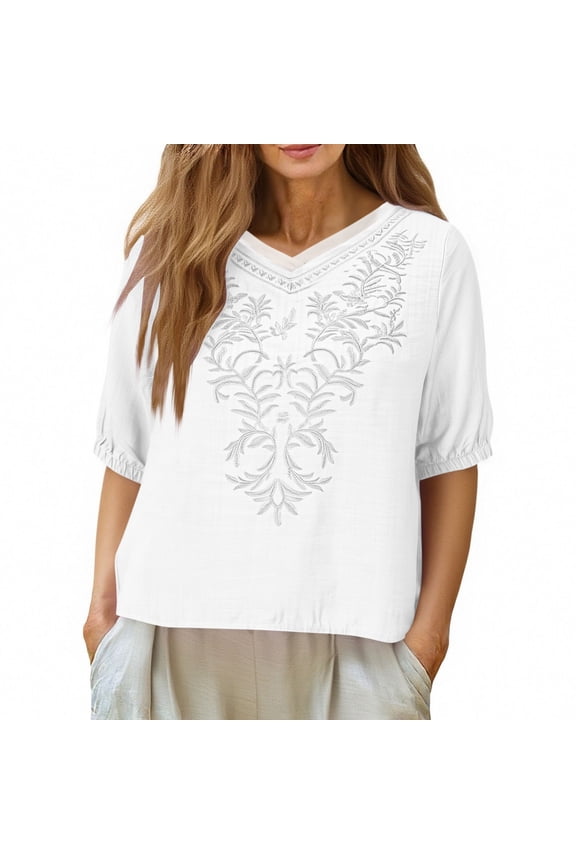 Women's Short Sleeve V Neck Embroidered Blouse Textured Fabric Trendy Weekend Daily Top White S