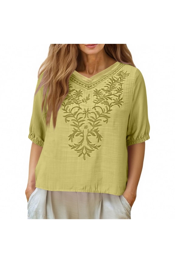 Women's Short Sleeve V Neck Embroidered Blouse Textured Fabric Trendy Weekend Daily Top Yellow S