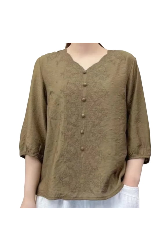 Women's Short Sleeve V Neck Oversized Blouse Textured Fabric Breathable Daily Casual Top Khaki L