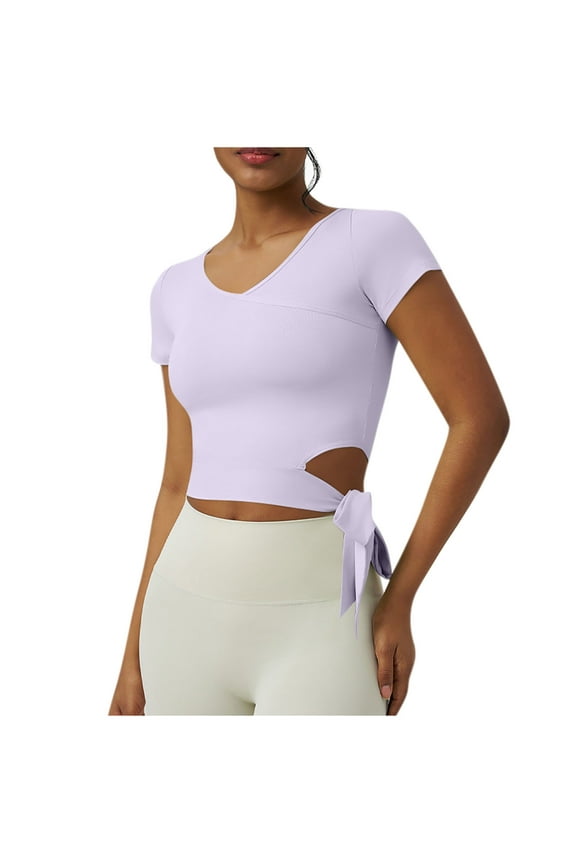 Women's Short Sleeve V Neck Side Slit Blouse Cropped Soft Active Daily Fitness Casual Top Purple XL