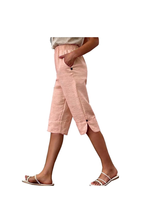 Women's Side Slit Pants Elastic Waist Pocketed Casual Bottoms Pink M