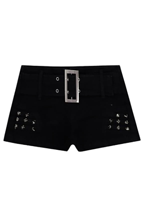 Women's Studded Low Waist Denim Shorts Pocketed Casual Streetwear Bottoms Black S