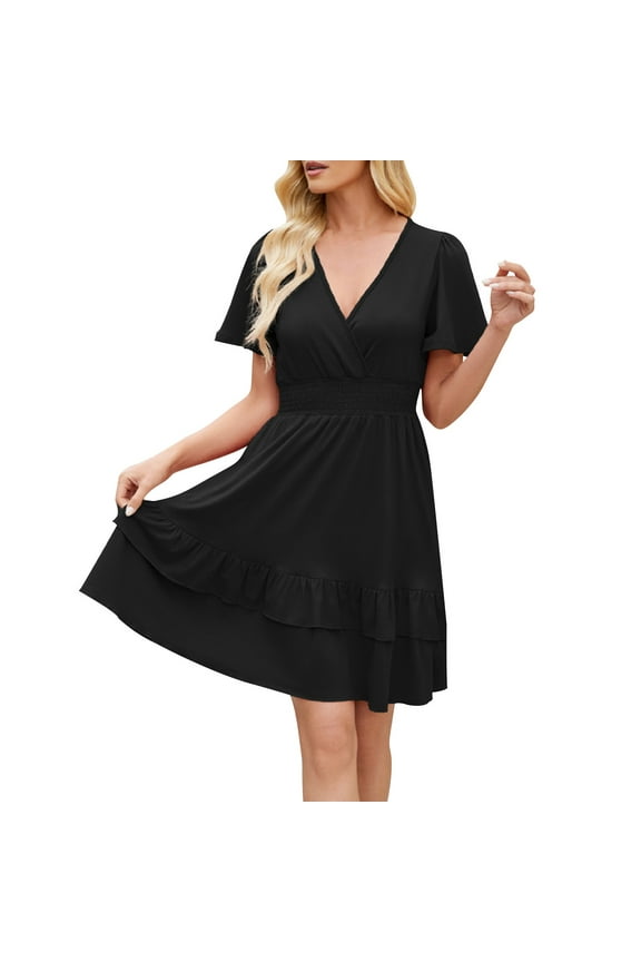 Women's Surplice V Neck Short Sleeve Waist Tie A Line Dress Pullover Stretchy Flirty Cocktail Evening Party Dress Black S