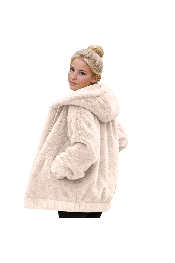 Women’s Teddy Fleece Hooded Jacket Relaxed Cut č˘‹éĽ Pocket Soft Texture for Loungewear Casual Dates Cool Seasons Beige XL