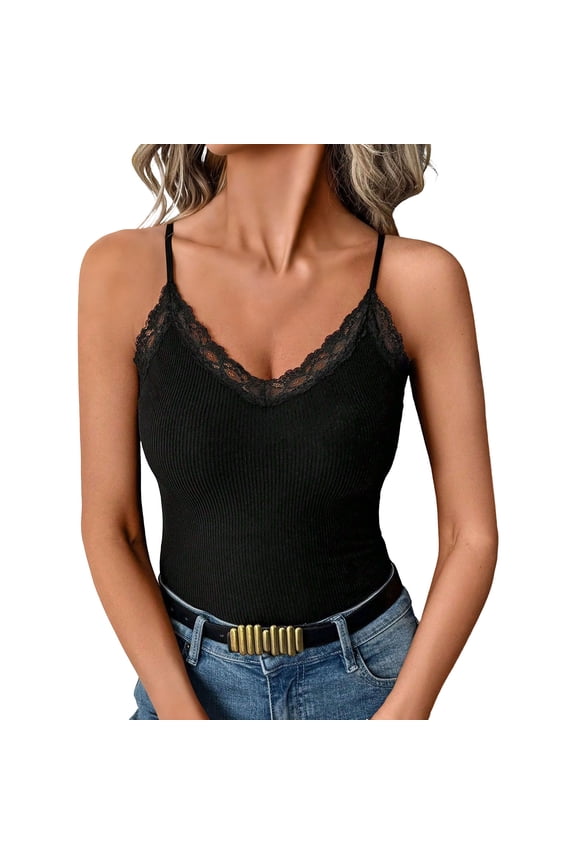 Women's Thin Strap V Neck Sleeveless Cami Top Basic Tank Top for Layering and Everyday Style Black L