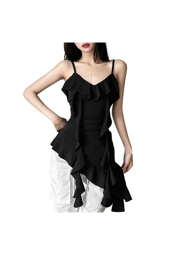 Women's Thin Strap V Neck Sleeveless Cami Top with Flowy Skirt Dance Tank Top for Performance and Party Black M