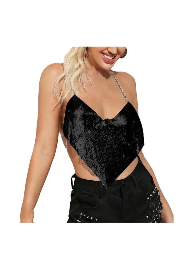 Women's Thin Strap V Neck Sleeveless Sequin Top Trendy Tank Top for Clubwear and Party Outings Black Free Size