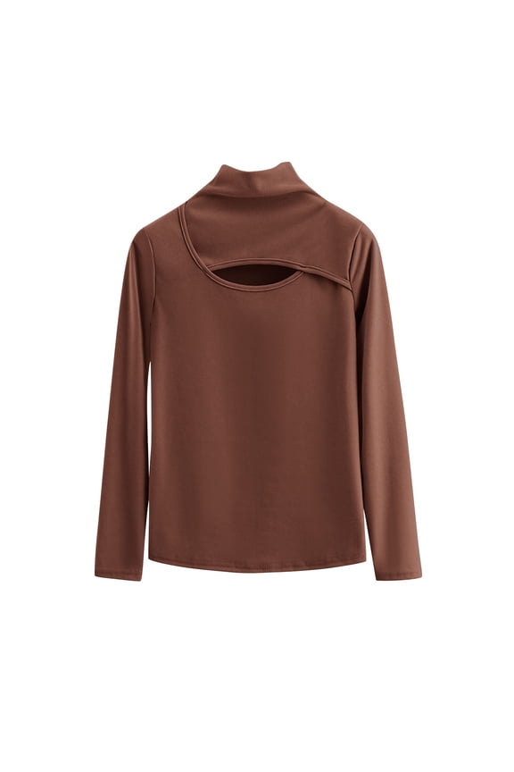 Women's Turtleneck Cutout Cropped Slim Top Long Sleeve for Layering and Street Style Looks Coffee XXL
