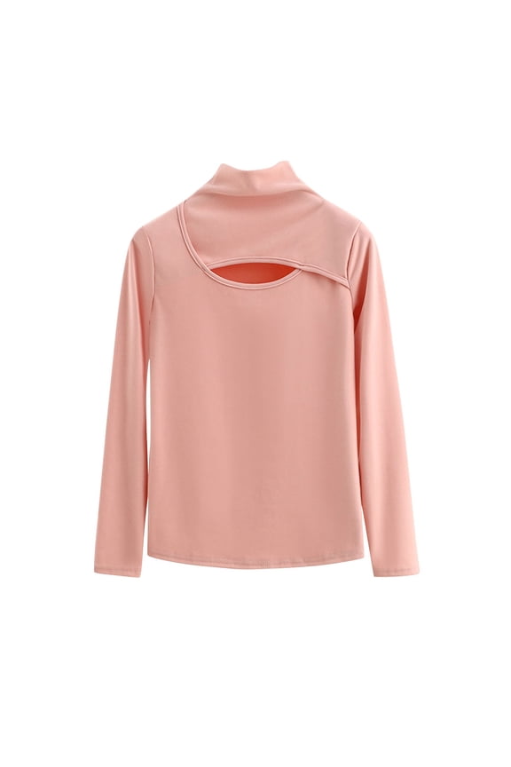 Women's Turtleneck Cutout Cropped Slim Top Long Sleeve for Layering and Street Style Looks Pink M